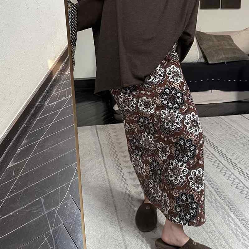 スカート レディース 秋冬 コーデュロイ 厚手 浮世絵柄 キャラメルカラー 柔らかい綿 ミディ丈 Aライン