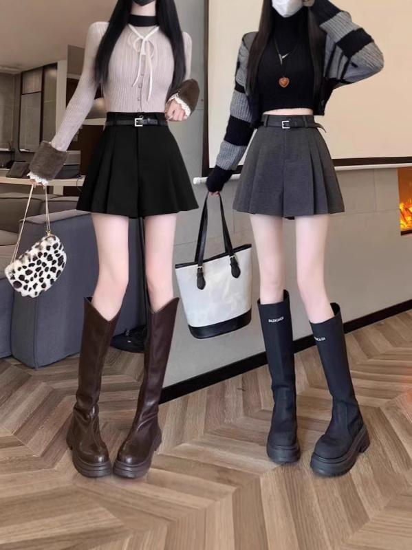 Rakuten - スカートパンツ レディース 秋冬 プリーツ ハイウエスト Aライン ウール混 ブラック アイボリー ピンク ブラウン