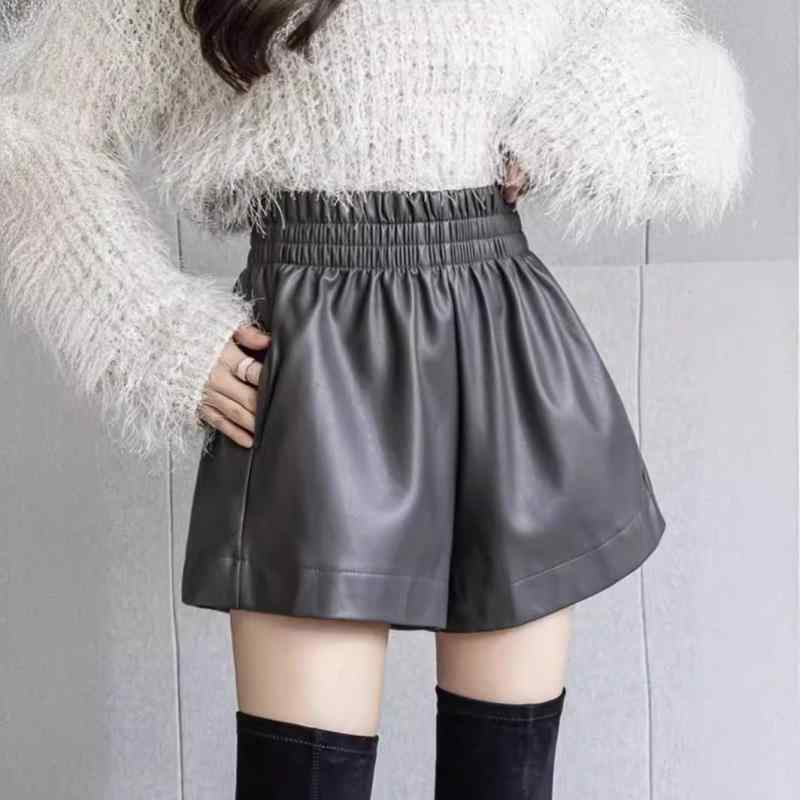 レディース ワイドパンツ PUレザー ハイウエスト ゆったり 秋冬 ブラック アイボリー ピンク ボトムス 切り替えデザイン