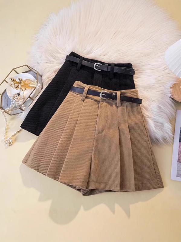 プリーツスカートパンツ レディース 秋冬 カーキ ハイウエスト Aライン コーデュロイ 小柄 ビッグシルエット 綿 伸縮性