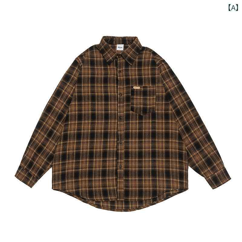 くらしのセロネのメンズ ジャケット シャツ アウター チェック柄 ゆったり ドロップショルダー アメカジ ストリート レトロ ポロ襟 カジュアル 普段使い 羽織り 秋服 ライトアウター｜アングル2