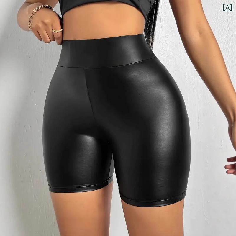 くらしのセロネのレディース ショートパンツ ハーフパンツ フェイクレザー パンツ PUレザー 合皮 五分丈 膝丈 セクシー かっこいい スタイルアップ 美脚 夜遊び クラブ ダンス 衣装 イベント トレンド モード系 ブラック 秋冬 春｜アングル2