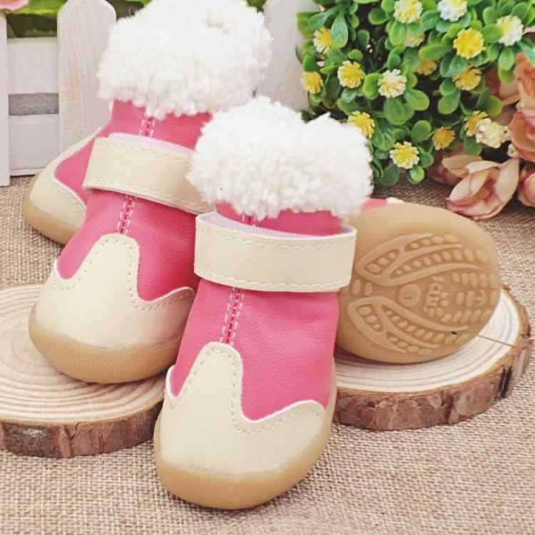 犬用靴 小型犬 雪地靴 防滑 保暖 ピンク 羊毛 牛筋底 ペットシューズ