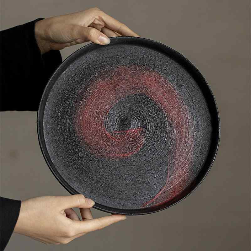 茶道具 茶盤 陶器製 手作り 丸型 朱色 漆塗り風 わびさび 和モダン 上品 高見え 茶台 ティートレイ 茶器 煎茶 中国茶 台湾茶 家庭用 キッチン インテリア 雑貨 おしゃれ