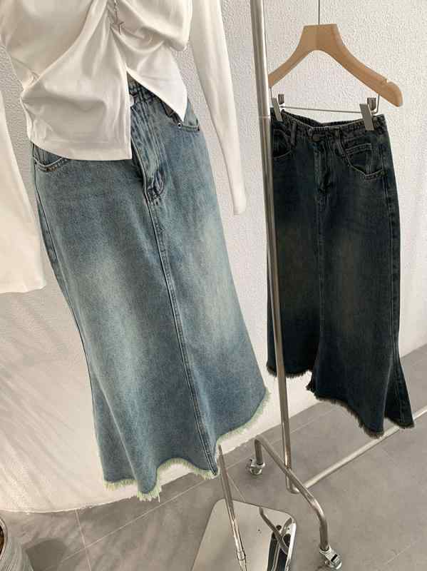 スカート レディース デニム 魚尾 マーメイド ハイウエスト ヒップラップ スリム ボディライン フリンジヘム 中長丈 ヴィンテージ 韓国風 カジュアル スタイル