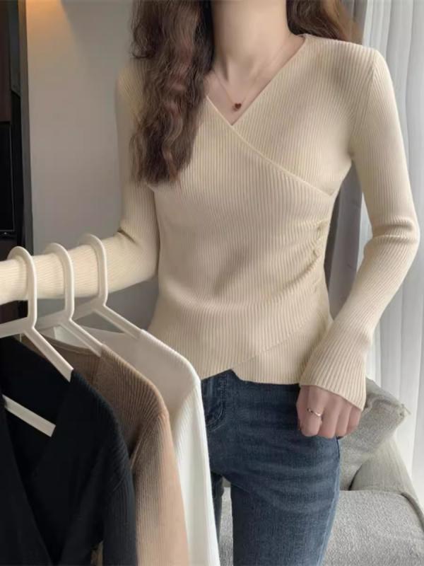 ニットトップス レディース Vネック ピンク系 スリムフィット アシンメトリー ショート丈 インナー 学生向け 秋冬 普段使い 伸縮性