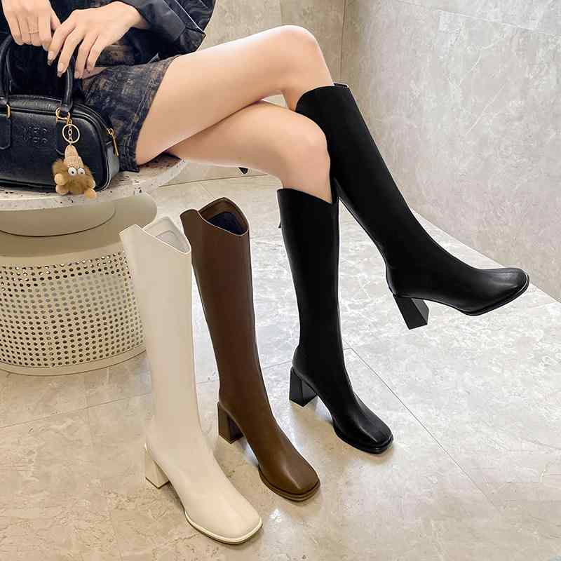 ロングブーツ レディース V字開き 粗ヒール 膝下丈 高筒 ライダーブーツ ブラック アイボリー ピンク 普段使い 通勤用 伸縮性