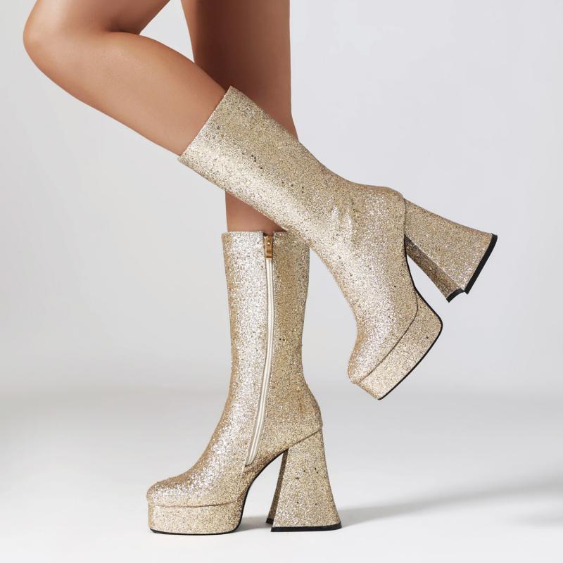 アンクルブーツ ピンク スクエアトゥ ハイヒール チャンキーヒール ラメ フレアヒール ストリートシューズ ファッション