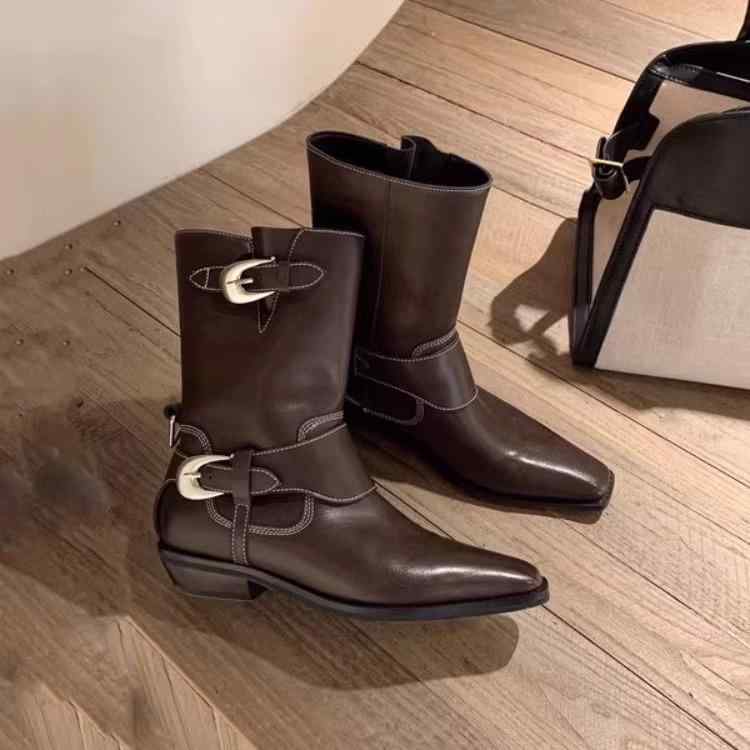 レディース ショートブーツ スクエアトゥ ハイヒール 厚底 ウェスタン 牛仔 本革 アンクルブーツ