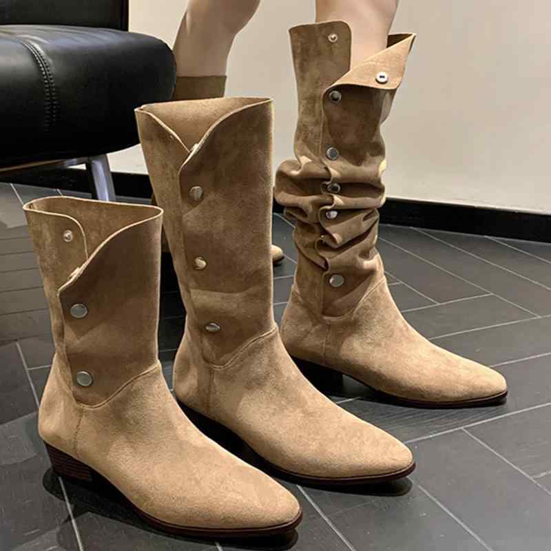 ブーツ レディース 厚底ヒール 中筒 ウェスタン カウボーイ ロング 騎士 ピンク デニム 軽量 伸縮性