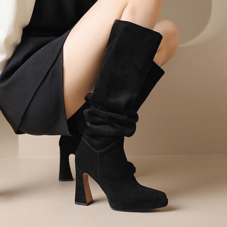 ロングブーツ レディース 本革 ハイヒール 太ヒール ポインテッドトゥ オーバーニー 防水 プラットフォーム ロング丈