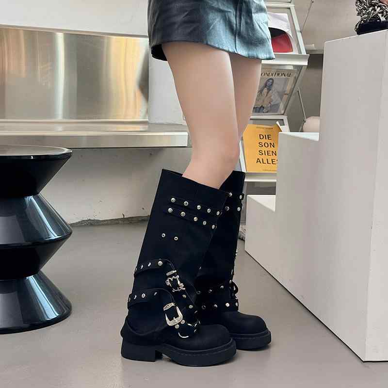 ロングブーツ レディース ブラック 厚底 ラウンドトゥ リベット ライダースタイル ハイカット 伸縮性