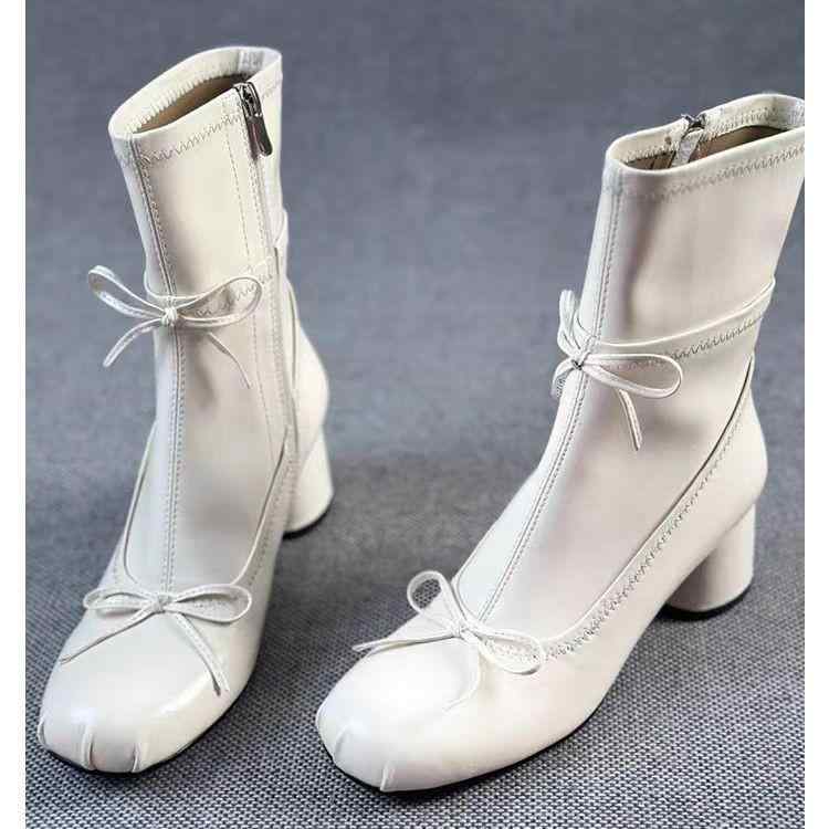 ショートブーツ レディース 丸トゥ バレエ風 フレンチスタイル ヒールアップ リボン 太ヒール サイドジッパー アンクルブーツ ユニークデザイン 普段使い