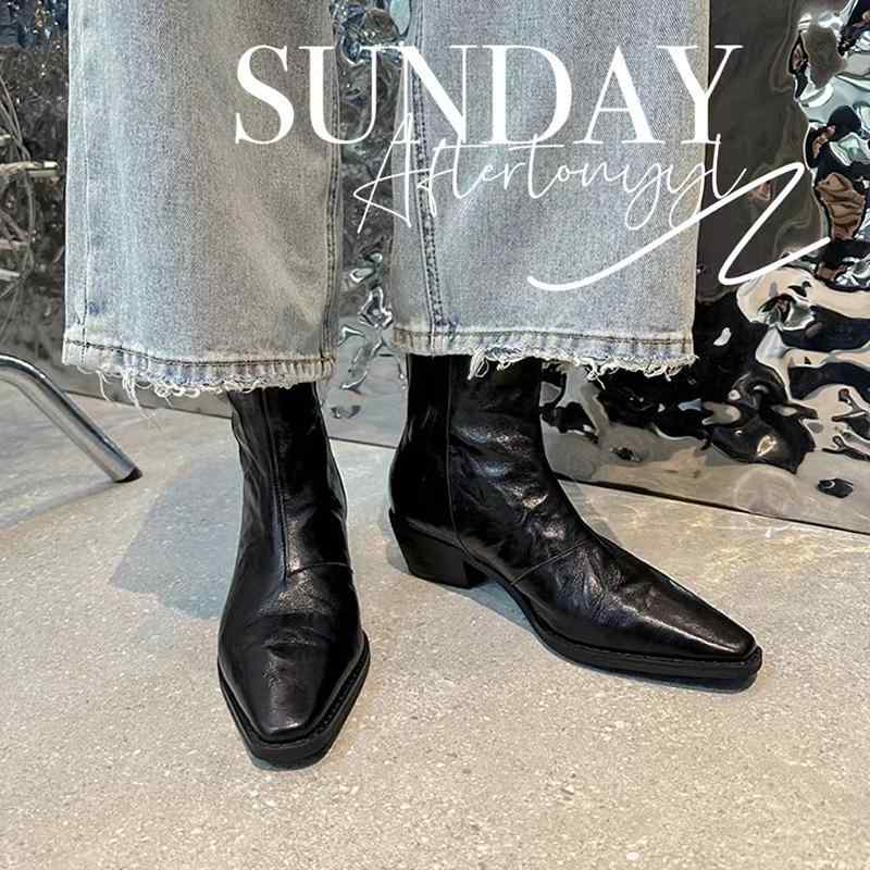 レディース ウエスタン ショートブーツ ピンク 本革 ポインテッドトゥ しわ加工 V字開き 太ヒール バックジップ アンクル