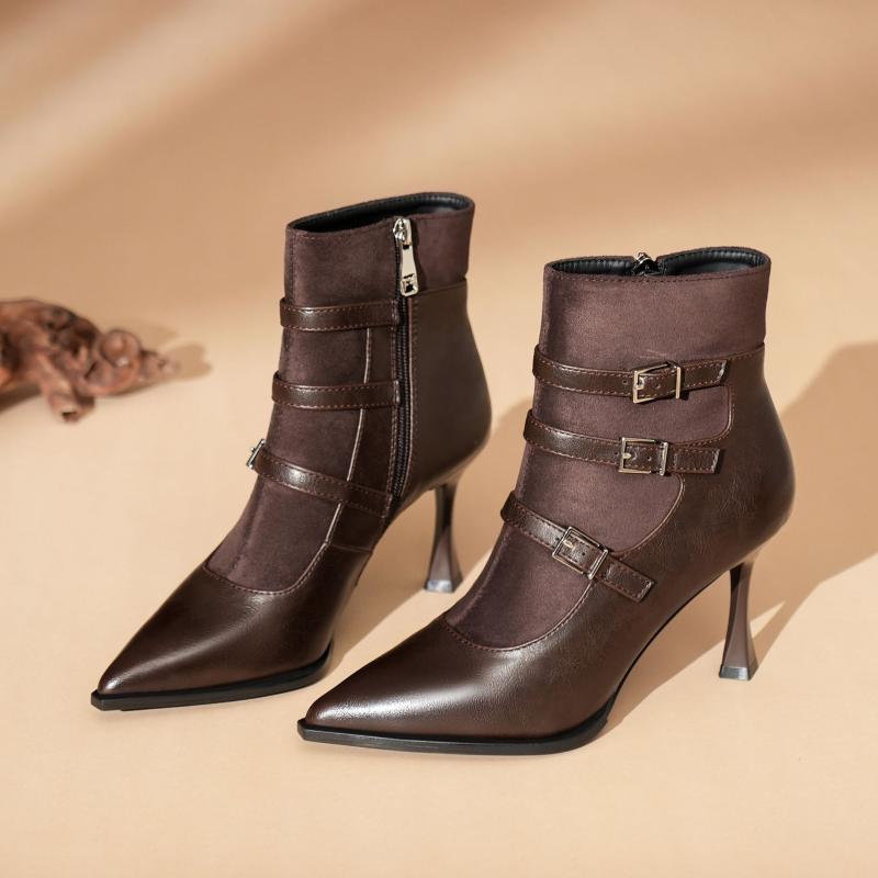 ショートブーツ レディース 秋冬 細ヒール メタルベルト 法式 切り替え ハイヒール ファッションシューズ
