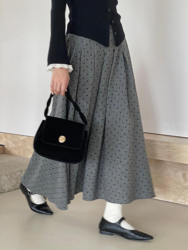 スカート レディース レトロ Aライン 半身スカート 秋冬 プリーツ ドット柄 ハートモチーフ ミディ丈 タイトフィット 膝下丈 女性用 膝丈 フレア 膝出し 膝上 膝下 膝丈スカート ミモレ丈 フレアスカート タイトスカート