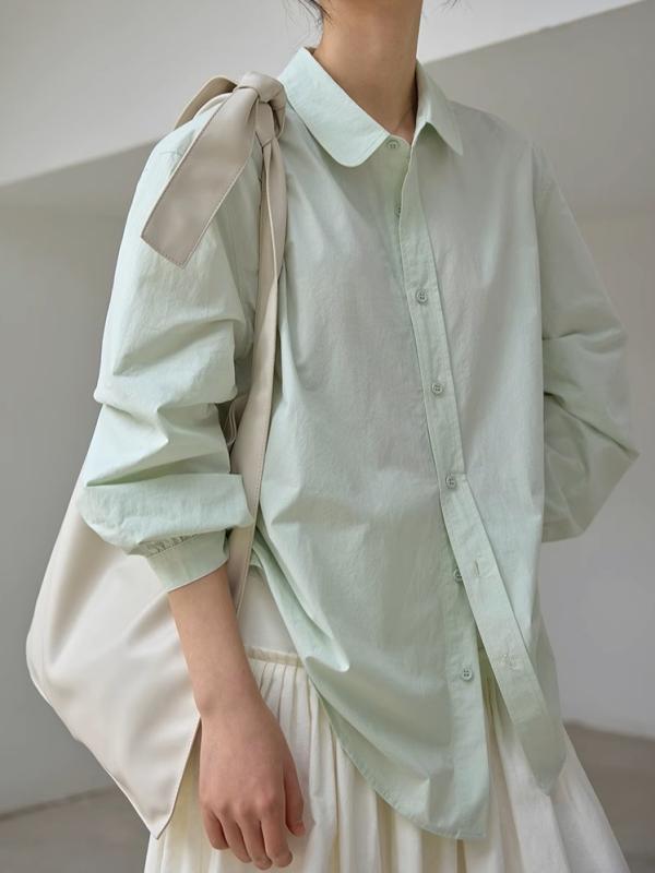 Shirts - レディース ブラウス シャツ 長袖 UVカット 透かし編み リボン付き ゆったり エアリー シンプル アップルグリーン カジュアル オフィス きれいめ 春夏 体型カバー 日焼け防止 大人可愛い ライトグリーン