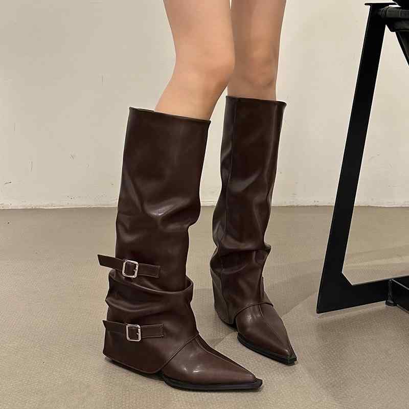 ロングブーツ レディース 秋冬 ピンク系 ポインテッドトゥ チャンキーヒール 膝下丈 ハイヒール 欧米風 女性シューズ