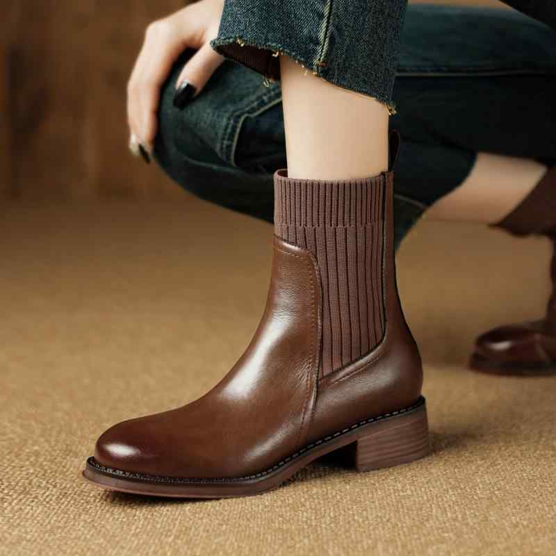 ショートブーツ レディース 秋冬 牛革 ニット 伸縮性 加絨 低ヒール スリム アンクルブーツ 女性用 暖かみ 普段使い