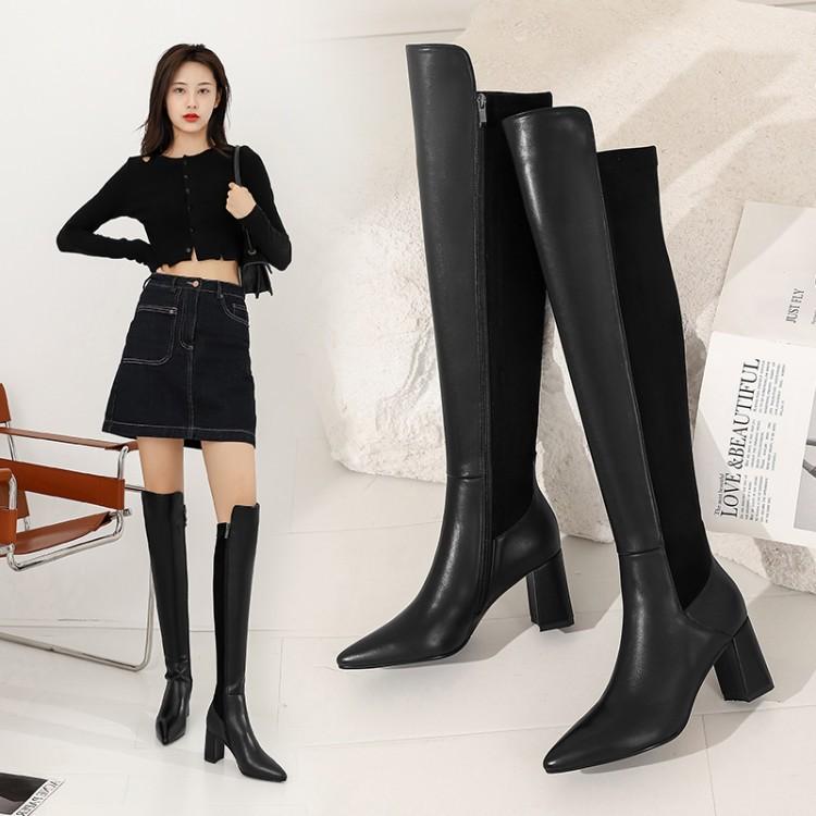 ロングブーツ レディース 秋冬 ポインテッドトゥ 太ヒール ハイヒール 革 切り替え ライダーブーツ オーバーニー 伸縮性 ブラック アイボリー ピンク