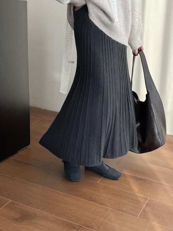 スカート レディース ニット プリーツ Aライン ドレープ感 スリム マーメイド 伸縮ウエスト 韓国風
