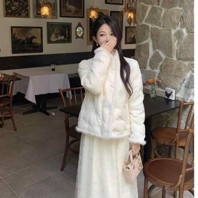 ダウンジャケット レディース ショート丈 刺繍 ファー 切り替え 中国風 ピンク ホワイト 秋冬 高級感 ..