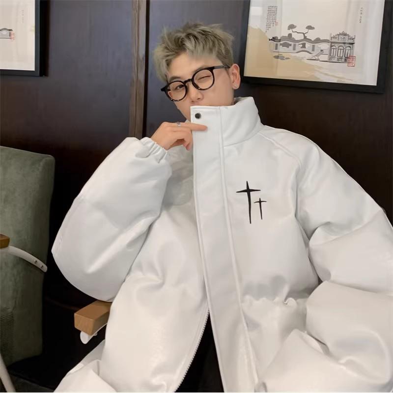 ダウンジャケット メンズ ワニ柄 PUレザー スタンドカラー 刺繍 ゆったり 厚手 ピンク 秋冬 アウター ..