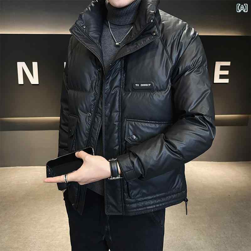 メンズ ダウンジャケット 秋冬 軽量 薄手 加厚 短丈 スタンドカラー 高級感 保温 トレンド コート 羽毛 加工 防寒 日常 通勤 アウトドア 機能性 快適 スタイリッシュ