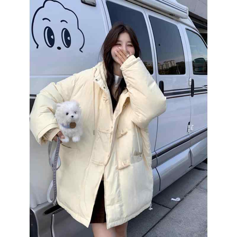 秋冬 レディース ミルクイエロー ダウンコート 韓国風 学院スタイル 牛角ボタン 中長丈 パーカー風 ア..