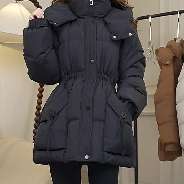 ダウンジャケット レディース 秋冬 ウエストシェイプ ポケット ボタン スリム 中長丈 コート ブラック ..
