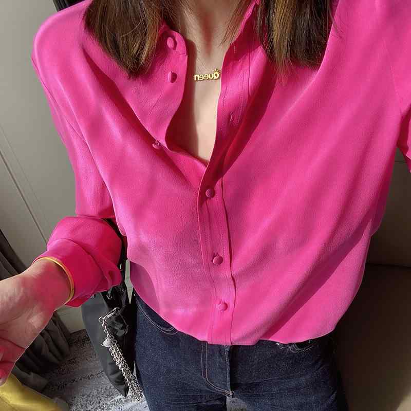 Shirts - レディース ブラウス シャツ シルク 絹 サンドウォッシュ 長袖 ストレート とろみ素材 上品 高見え 通勤 オフィス レトロ ヴィンテージ ローズレッド 春秋