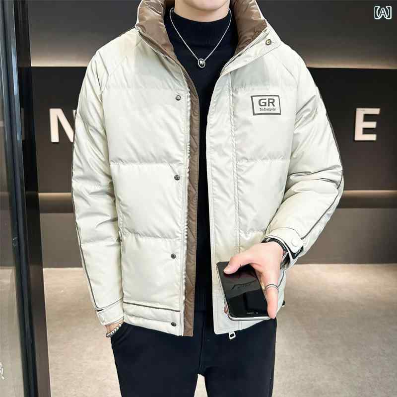 秋冬 メンズ ダウンジャケット スタンドカラー 暖か 軽量 保温 コート ジャケット トップス 防寒 ロング丈 フードなし シンプル デザイン 日常使い 通勤 通学 アウトドア 対応 ポリエステル 素材 耐久性 高め スタイリッシュ 着こなし 簡単