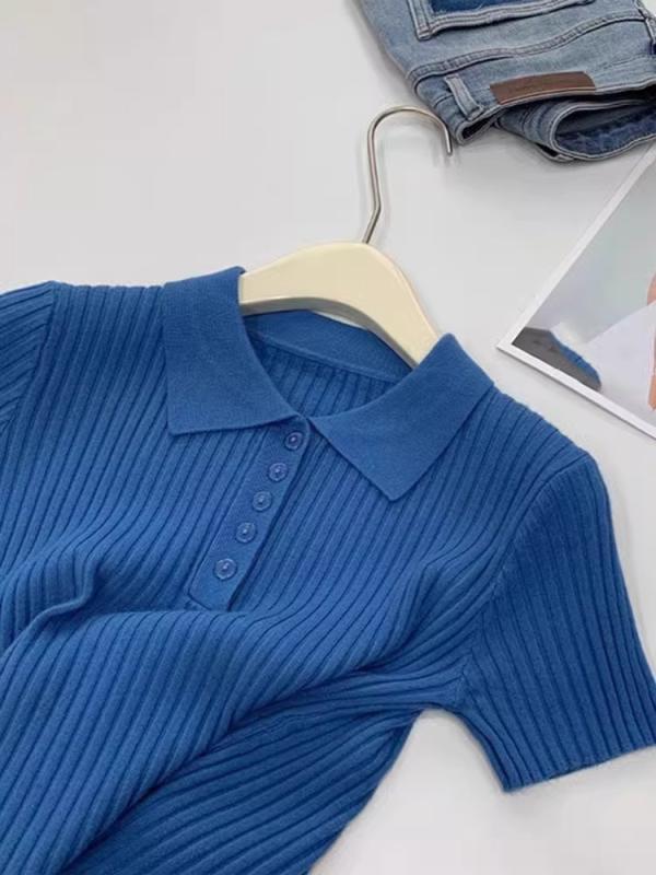 レディース Tシャツ ポロ襟 ニット 半袖 ブルー タイト 細見え スタイルアップ きれいめ 上品 大人可愛い トップス カジュアル 襟付き 春 夏