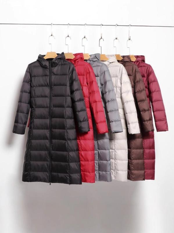 秋冬 レディース ダウンジャケット 軽量 薄手 中長丈 膝上丈 フード付き スリムフィット コート 韓国風..