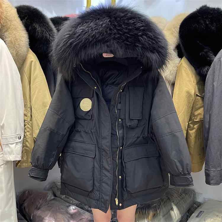 ダウンジャケット レディース 秋冬 ワークパーカ風 ウエストイン スリム 中長丈 ボリュームファー ホワイトダックダウン デザイン性 軽量 暖か