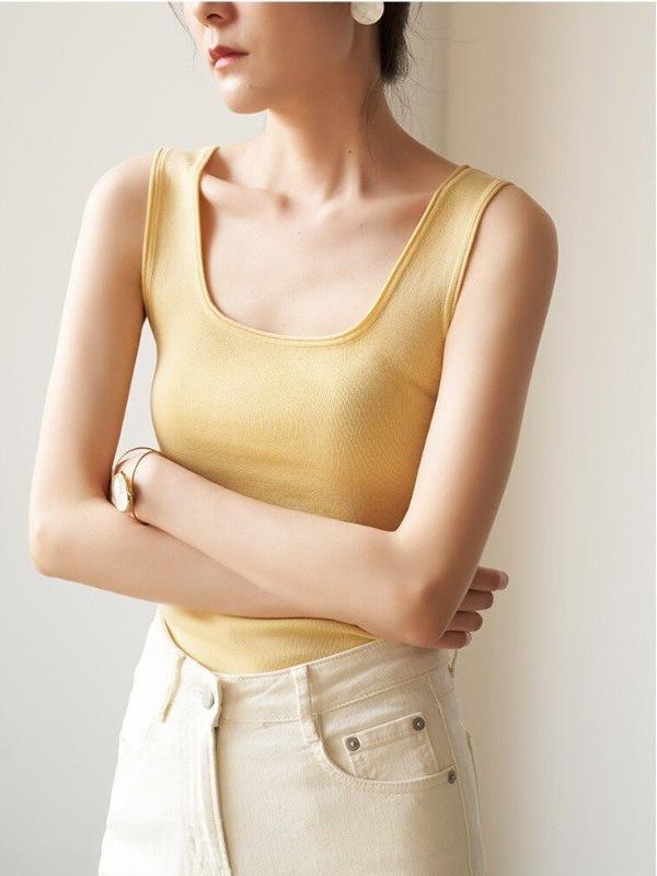 Shirts - レディース ニット キャミソール タンクトップ 接触冷感 スクエアネック 細見え タイト ノースリーブ インナー バックデザイン 薄手 きれいめ 大人可愛い フレンチスタイル イエロー 夏