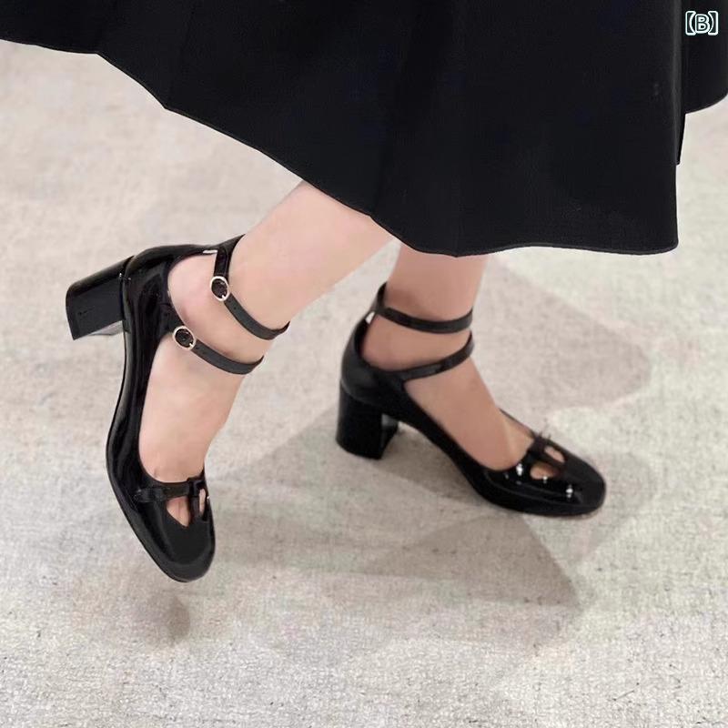 レディース パンプス メリージェーン 本革 フレンチ レトロ クラシック カットアウ...