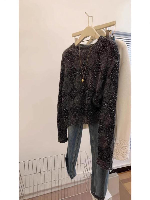 秋冬 レディース ニットセーター 菱形提花 ビーズ付き シフォン素材 ラウンドネック プルオーバー ゆったり キラキラ 針織トップス 韓系 リラックス