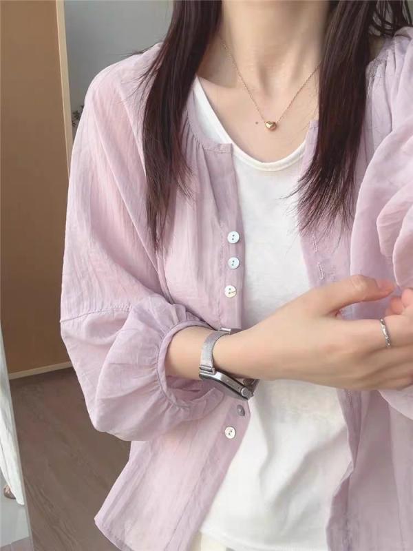 レディース シャツ ブラウス リネン 麻 長袖 ショート丈 ゆったり 薄手 UVカット 日焼け防止 羽織り カーディガン トップス カジュアル きれいめ 普段使い 夏