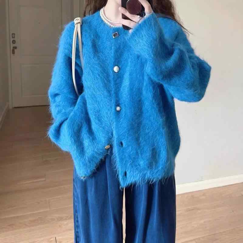 Rakuten - ニットカーディガン レディース 春夏 ブルー 高級感 デザイン かわいい 肌白 毛織 アウター 切り替え 軽量 吸湿速乾