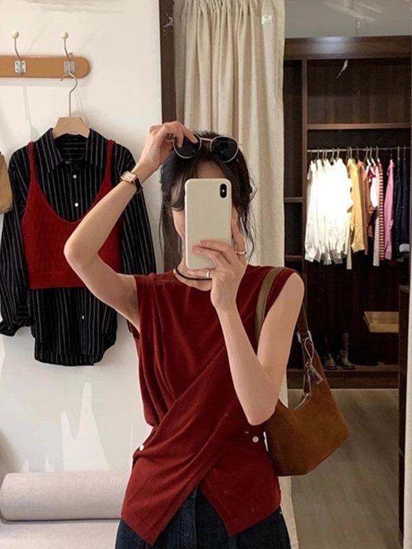 レディース キャミソール タンクトップ ニット 接触冷感 クロスデザイン ノースリーブ トップス レトロ ヴィンテージ風 上品 高見え きれいめ 細見え 大人可愛い カジュアル シンプル レッド 夏