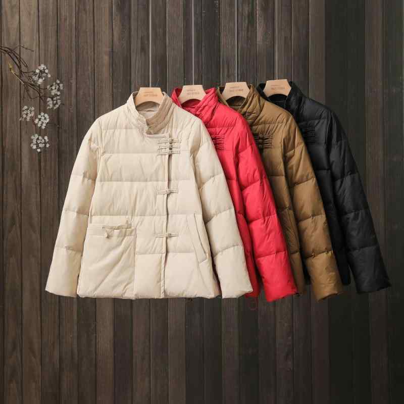 レディース ダウンジャケット 秋冬 レトロ 盤ボタン スタンドカラー ゆったり 細見え 白鴨ダウン ショ..