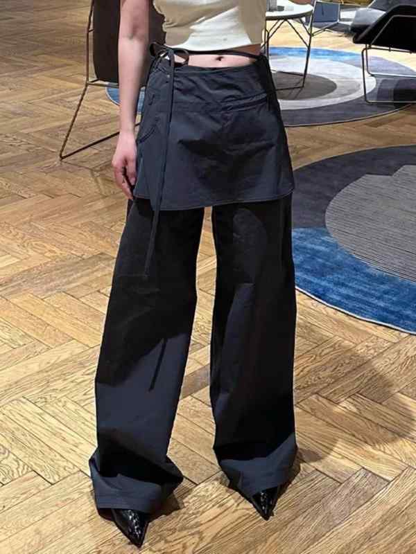 レディース ワイドパンツ カーゴパンツ フェイクレイヤード スリット スカート切り替え ストレート ロング丈 ミリタリー ストリート系 スタイルアップ カジュアル 春夏