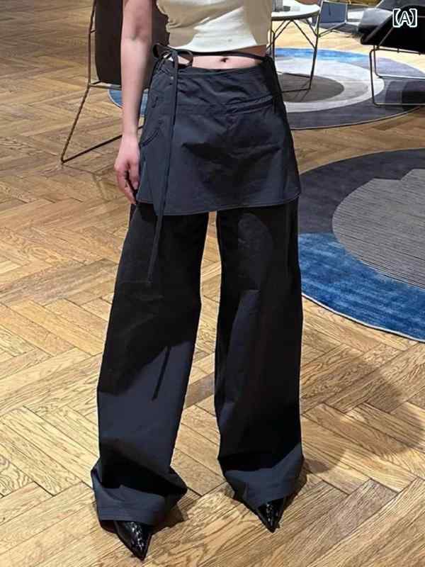 くらしのセロネのレディース ワイドパンツ カーゴパンツ フェイクレイヤード スリット スカート切り替え ストレート ロング丈 ミリタリー ストリート系 スタイルアップ カジュアル 春夏｜アングル2