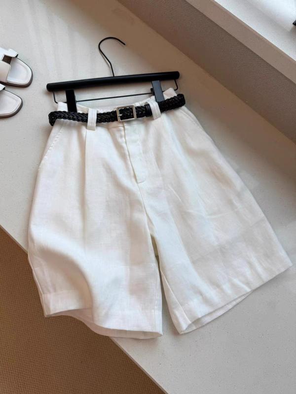 Shirts - レディース ハーフパンツ 5分丈 膝丈 麻 リネン ハイウエスト ゆったり ホワイト 白 細見え 体型カバー リラックス感 シンプル 楽ちん カジュアル 大人 無地 ボトムス 春 夏