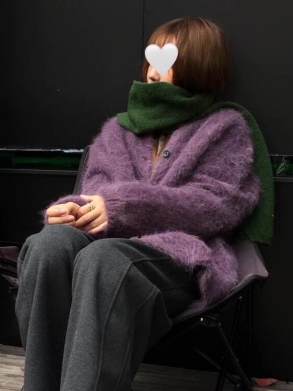 レディース カーディガン ニット セーター Vネック モヘア風 ミンクタッチ 厚手 ゆったり ルーズシルエット 高見え 上品 きれいめ 大人可愛い 羽織り アウター パープル 紫 秋冬