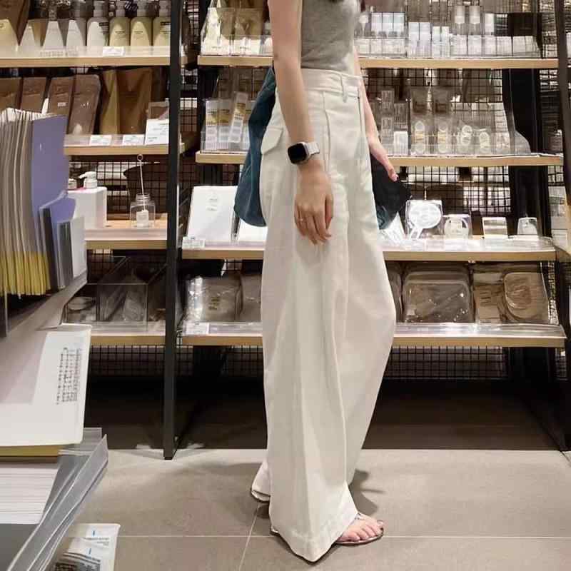 Shirts - レディース ワイドパンツ ハイウエスト 綿麻 リネン混 ストレート 落ち感 小柄向き ホワイト 細見え 脚長効果 きれいめ カジュアル 大人可愛い 春