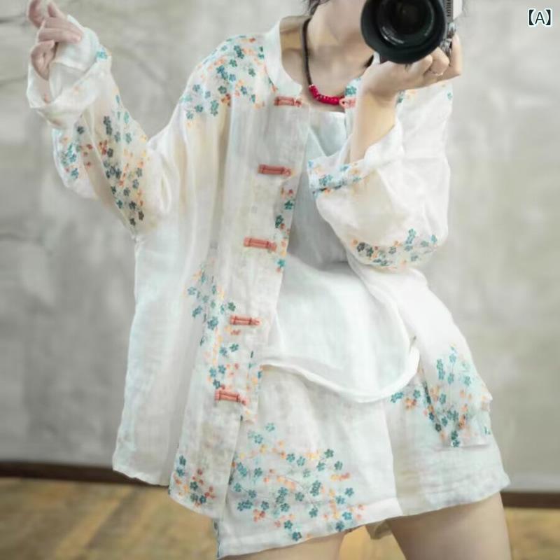 くらしのセロネのレディース セットアップ 上下セット シャツ ブラウス ショートパンツ 綿麻 コットンリネン チャイナ風 モダン プリント 総柄 薄手 軽量 ナチュラル カジュアル 体型カバー 涼しい 春 夏｜アングル2