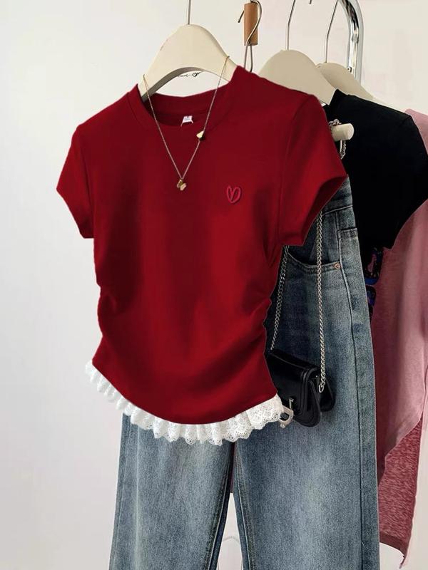 Other - レディース Tシャツ トップス レース ショート丈 半袖 タイト ウエストシェイプ セットインスリーブ デザイン性 上品 大人可愛い スタイルアップ きれいめ レッド 夏