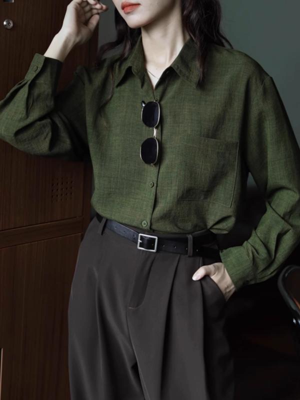 Shirts - レディース シャツ ブラウス 長袖 襟付き ゆったり 無地 レトロ ヴィンテージ風 トップス インナー きれいめ カジュアル 大人可愛い 秋冬
